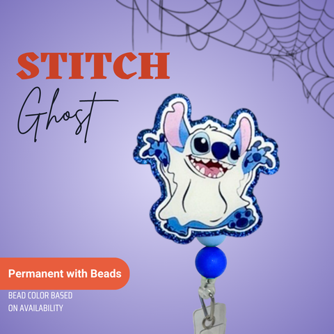 Ghost-themed Stitch badge holder with blue bead on a purple background