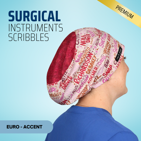 Surgical Instruments Scribbles Pink - Scrub Cap - rae & grace - Euro - Accent Top