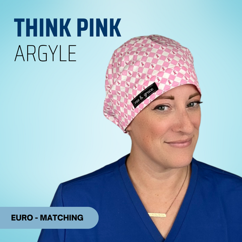 Think Pink Argyle - Scrub Cap - rae & grace - Euro - Matching Top