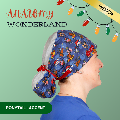 Anatomy Wonderland - Scrub Cap - rae & grace - Ponytail - Accent Top