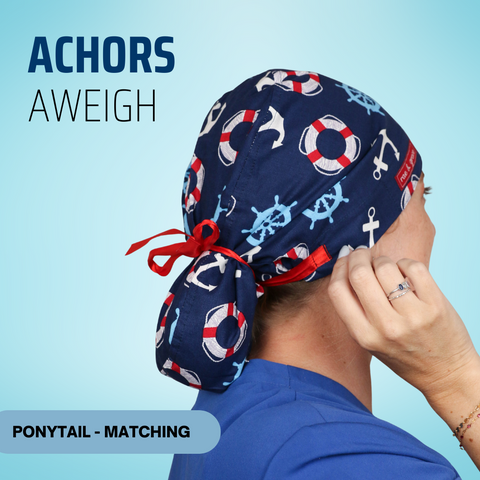 Anchors Aweigh  - Scrub Cap - rae & grace - Ponytail - Matching Top