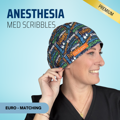 Anesthesia Med Scribbles - Scrub Cap - rae & grace - Euro - Matching Top