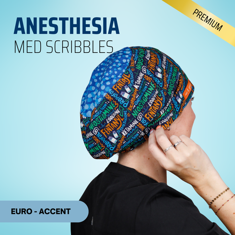 Anesthesia Med Scribbles - Scrub Cap - rae & grace - Euro - Accent Top