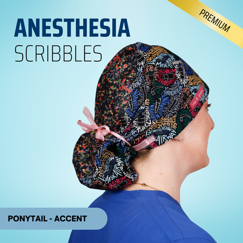 Anesthesia Sribbles - Scrub Cap - rae & grace - Ponytail - Accent Top