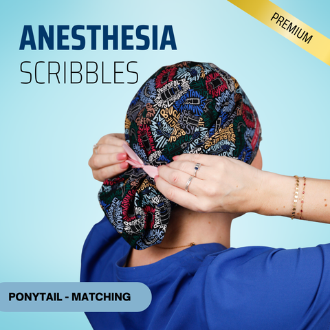 Anesthesia Sribbles - Scrub Cap - rae & grace - Ponytail - Matching Top