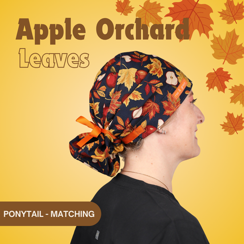Apple Orchard Leaves - Scrub Cap - rae & grace - Ponytail - Matching Top