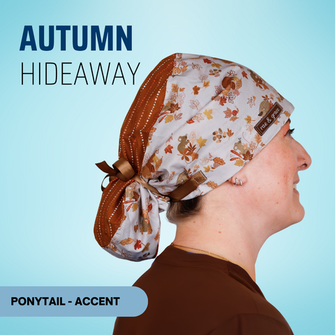 Autumn Hideaway - Scrub Cap - rae & grace - Ponytail - Accent Top