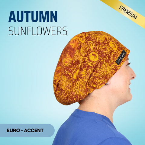 Autumn Sunflowers - Scrub Cap - rae & grace - Euro - Accent Top