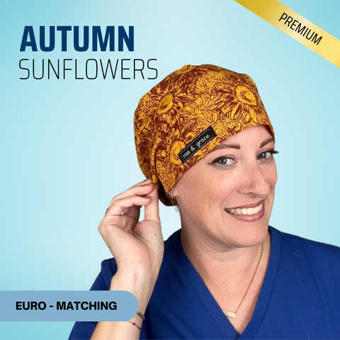 Autumn Sunflowers - Scrub Cap - rae & grace - Euro - Matching Top