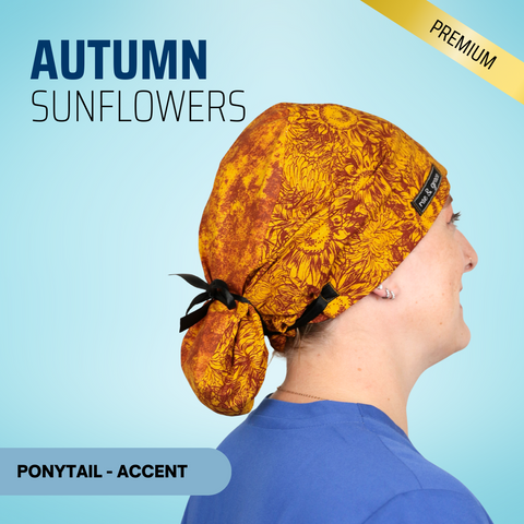 Autumn Sunflowers - Scrub Cap - rae & grace - Ponytail - Accent Top