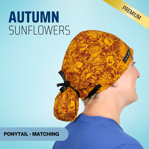 Autumn Sunflowers - Scrub Cap - rae & grace - Ponytail - Matching Top
