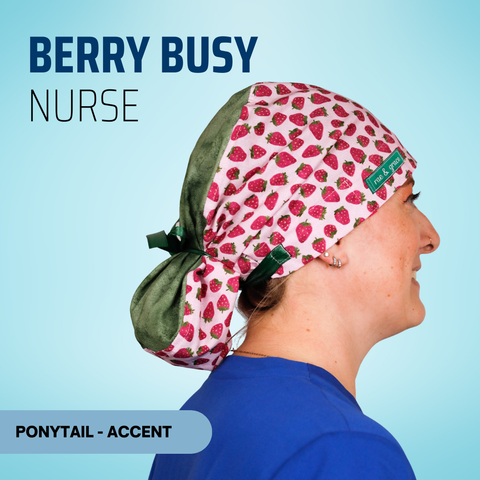 Berry Busy Nurse  - Scrub Cap - rae & grace - Ponytail - Accent Top