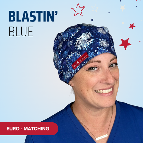 Blastin' Blue {Blue Fireworks} - Scrub Cap - rae & grace - Euro - Matching Top