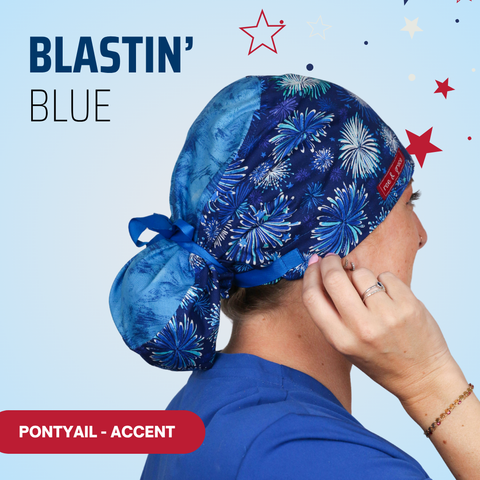 Blastin' Blue {Blue Fireworks} - Scrub Cap - rae & grace - Ponytail - Accent Top