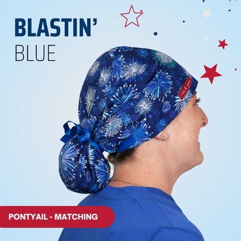 Blastin' Blue {Blue Fireworks} - Scrub Cap - rae & grace - Ponytail - Matching Top