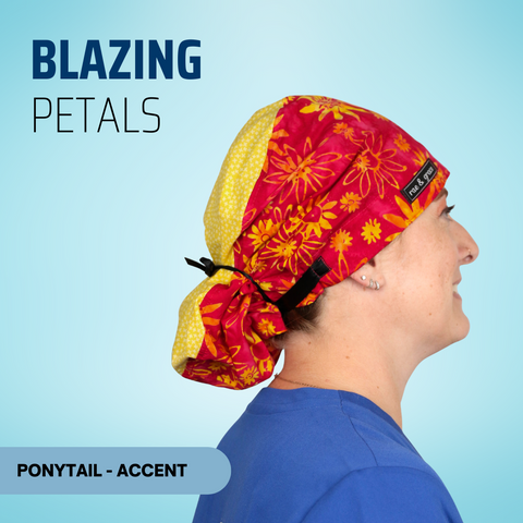 Blazing Petals  - Scrub Cap - rae & grace - Ponytail - Accent Top