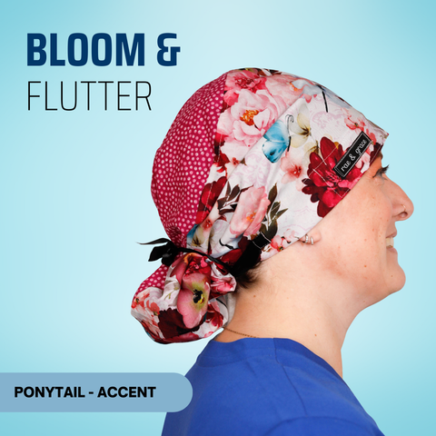Bloom & Flutter - Scrub Cap - rae & grace - Ponytail - Accent Top