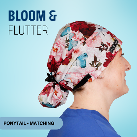 Bloom & Flutter - Scrub Cap - rae & grace - Ponytail - Matching Top
