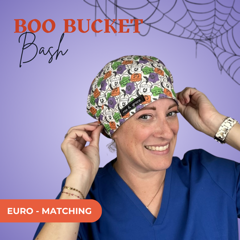 Boo Bucket Bash - Scrub Cap - rae & grace - Euro - Matching Top