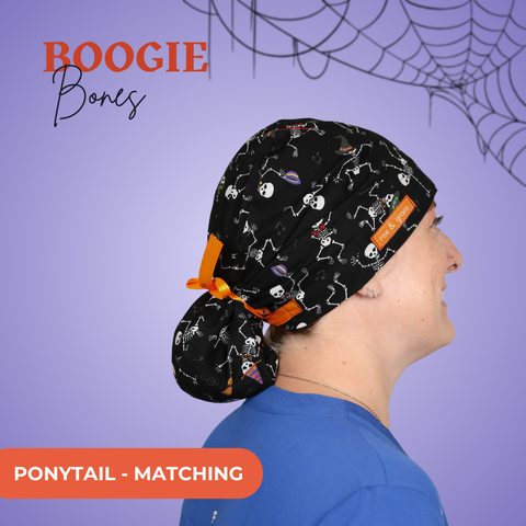 Boogie Bones  - Scrub Cap - rae & grace - Ponytail - Matching Top