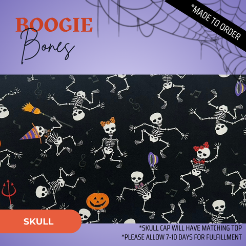Boogie Bones  - Scrub Cap - rae & grace - Skull Cap - Made to order Please allow 7-10 days for fulfillment.