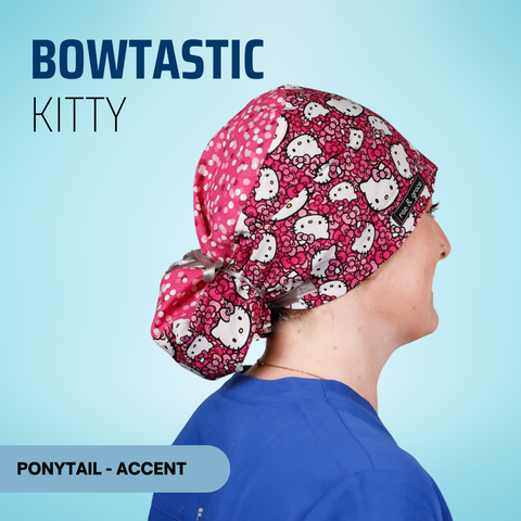 Bowtastic Kitty - Scrub Cap - rae & grace - Ponytail - Accent Top