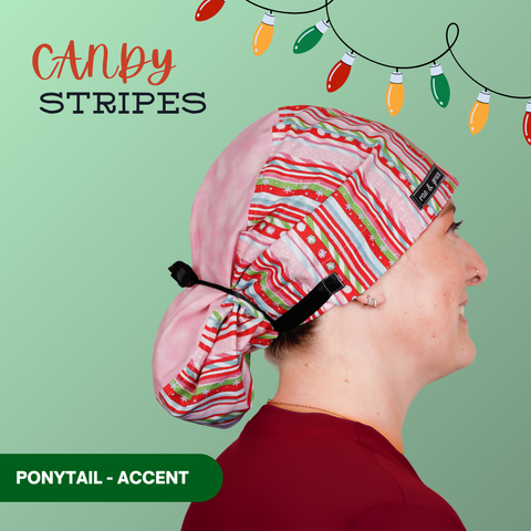 Candy Stripes - Scrub Cap - rae & grace - Ponytail - Accent Top