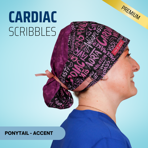 Cardiac Scribbles - Pink - Scrub Cap - rae & grace - Ponytail - Accent Top