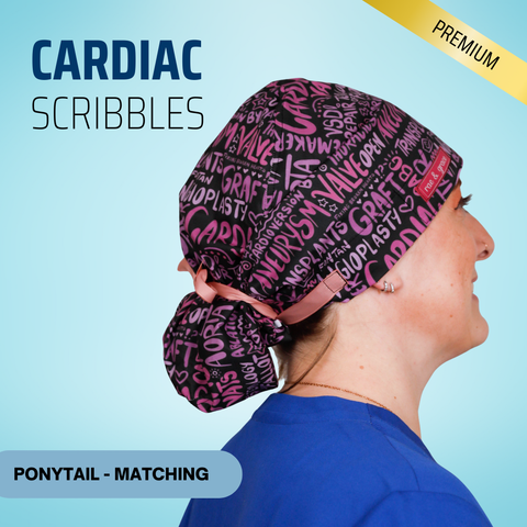 Cardiac Scribbles - Pink - Scrub Cap - rae & grace - Ponytail - Matching Top