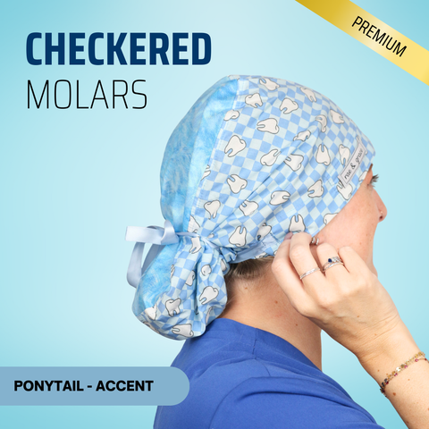 Checkered Molars - Scrub Cap - rae & grace - Ponytail - Accent Top