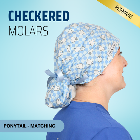 Checkered Molars - Scrub Cap - rae & grace - Ponytail - Matching Top