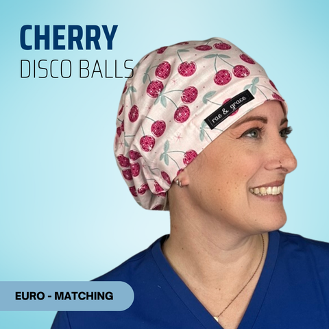 Cherry Disco Balls - Scrub Cap - rae & grace - Euro - Matching Top