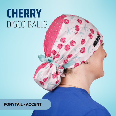 Cherry Disco Balls - Scrub Cap - rae & grace - Ponytail - Accent Top