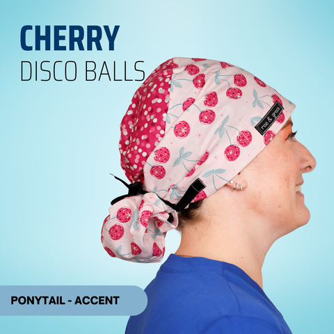 Cherry Disco Balls - Scrub Cap - rae & grace - Ponytail - Accent Top