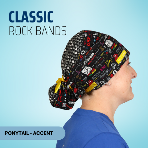 Classic Rock Bands - Scrub Cap - rae & grace - Ponytail - Accent Top