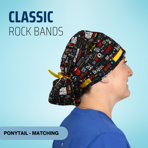 Classic Rock Bands - Scrub Cap - rae & grace - Ponytail - Matching Top
