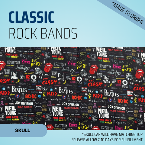 Classic Rock Bands - Scrub Cap - rae & grace - Skull Cap - Made to order Please allow 7-10 days for fulfillment.