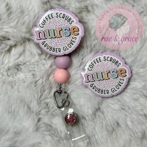 
            
                Load image into Gallery viewer, Coffee Scrubs &amp;amp; Rubber Gloves Nurse - Pastel Background - Badge Reel
            
        