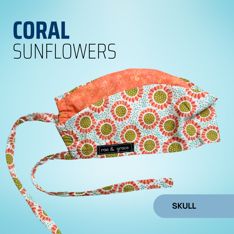 Coral Sunflowers - Scrub Cap - rae & grace - Skull Cap - *Made to order