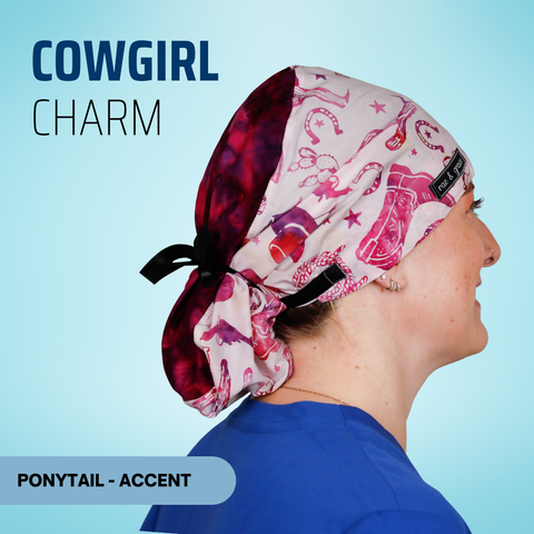Cowgirl Charm - Scrub Cap - rae & grace - Ponytail - Accent Top