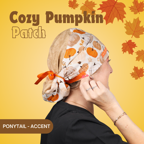 Cozy Pumpkin Patch - Scrub Cap - rae & grace - Ponytail - Accent Top