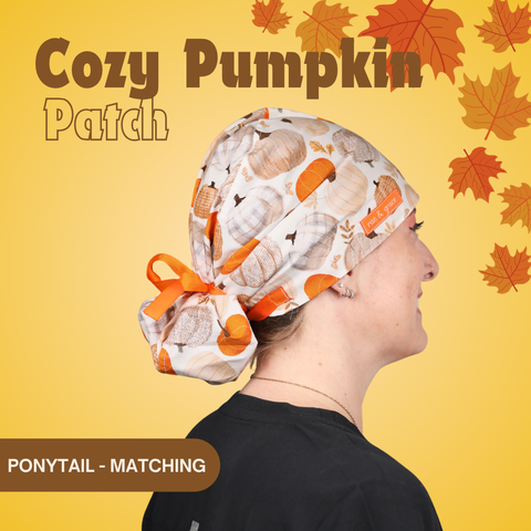 Cozy Pumpkin Patch - Scrub Cap - rae & grace - Ponytail - Matching Top