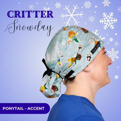 Critter Snow Day - Scrub Cap - rae & grace - Ponytail - Accent Top