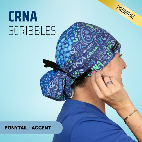 Crna Scribbles Blue - Scrub Cap - rae & grace - Ponytail - Accent Top