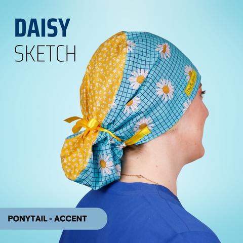 Daisy Sketch - Scrub Cap - rae & grace - Ponytail - Accent Top