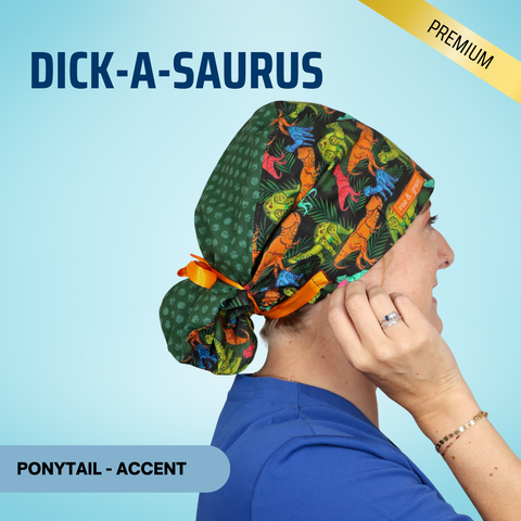 Dick-A-Saurus - Scrub Cap - rae & grace - Ponytail - Accent Top