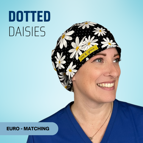 Dotted Daisies - Scrub Cap - rae & grace - Euro - Matching Top