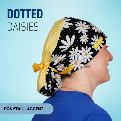Dotted Daisies - Scrub Cap - rae & grace - Ponytail - Accent Top