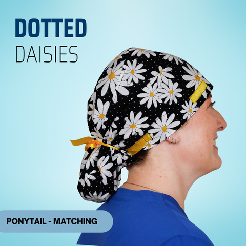 Dotted Daisies - Scrub Cap - rae & grace - Ponytail - Matching Top
