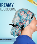 Dreamy Cloudicorns - Scrub Cap - rae & grace - Ponytail - Accent Top